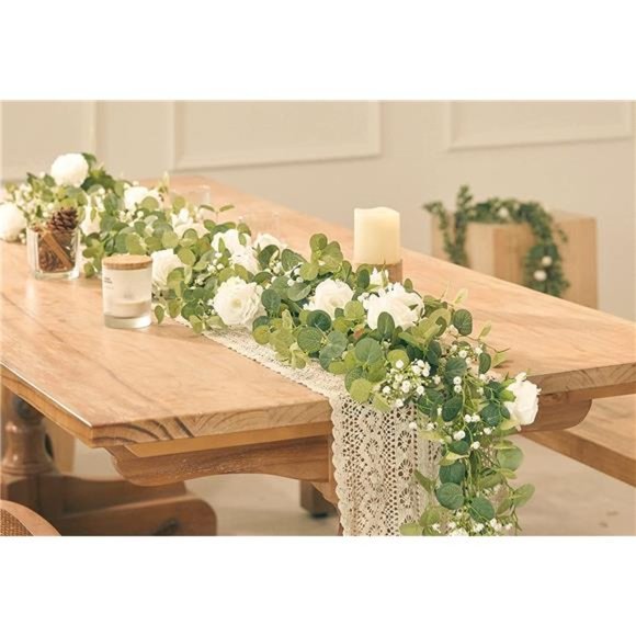 5.91FT Artificial Eucalyptus Garland with Flowers, Fake Rose Gypsophila Garland - Picture 4 of 7